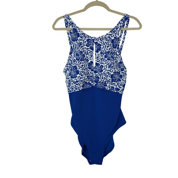 Tommy Bahama Island Cays Hibiscus High Neck One Piece Swimsuit Blue White 14 NWT - Picture 3 of 9